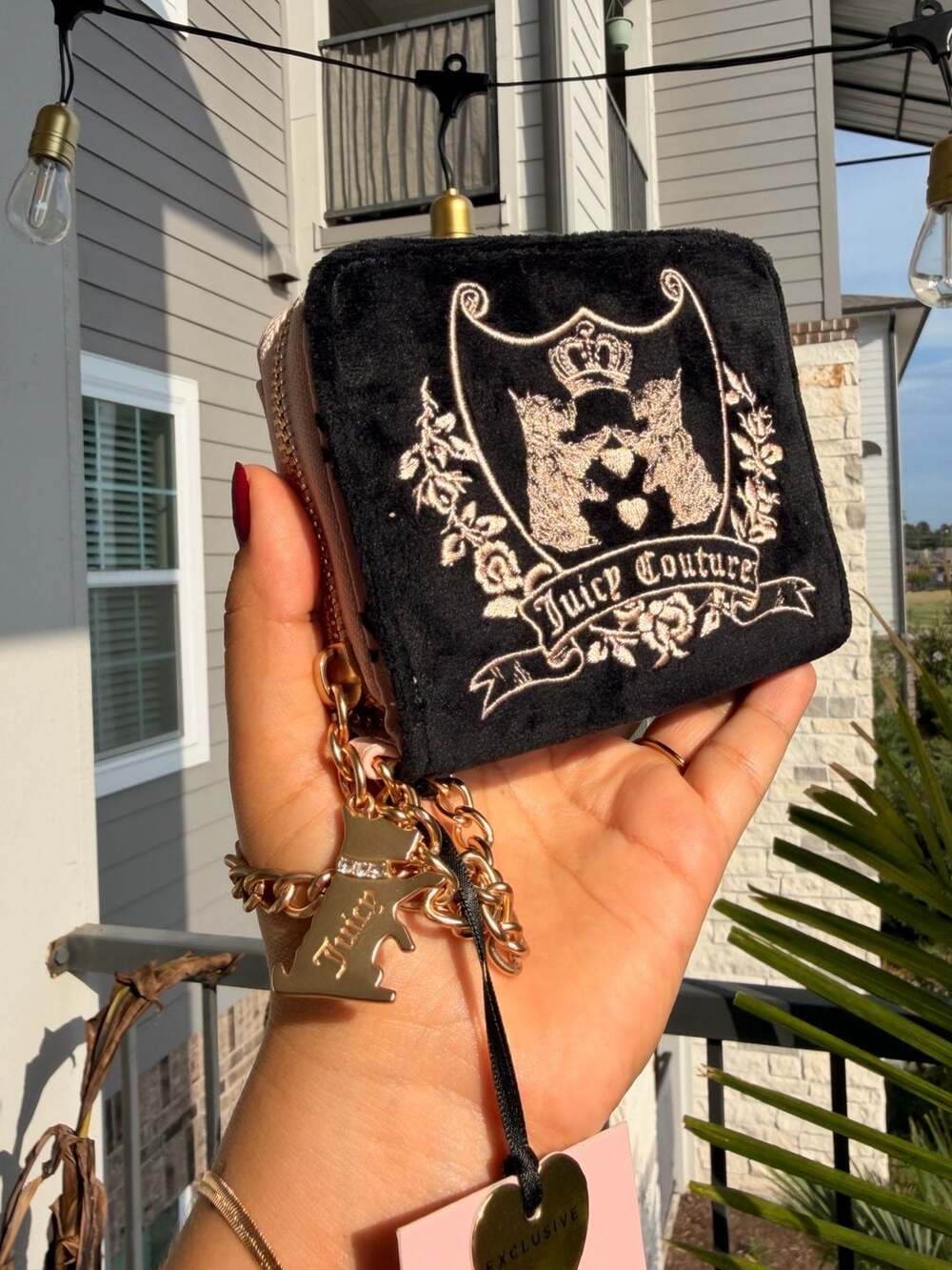 JuicyCouture BlackVelvet Crest ZipAround Wallet With PinkInterior -WristletStrap